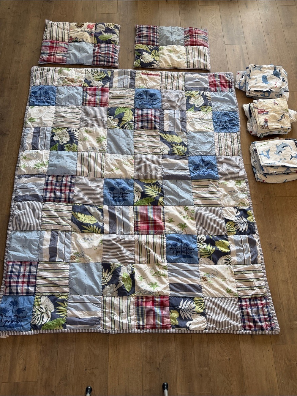 Pottery Barn Kids Island Surf Madras Twin Patchwork Quilt 2 Shams 3 Sheet Sets